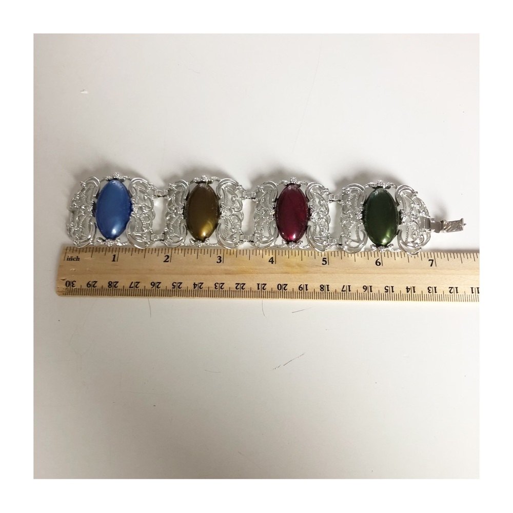 Vintage SARAH COVENTRY Silver Tone Filigree Link Bracelet w/ Multi-color Lucite - Picture 13 of 16